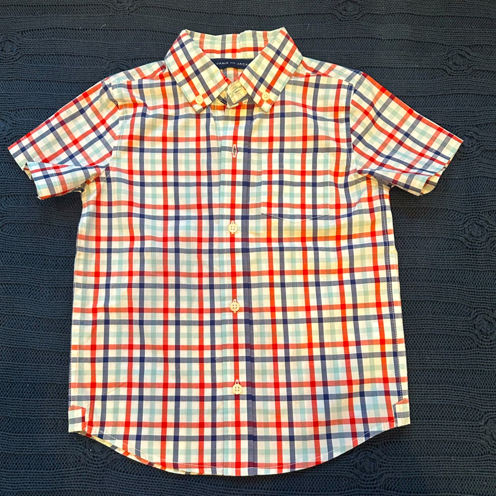 3t boy Janie and jack Plaid button up short sleeve shirt- Red, Blue, White. New